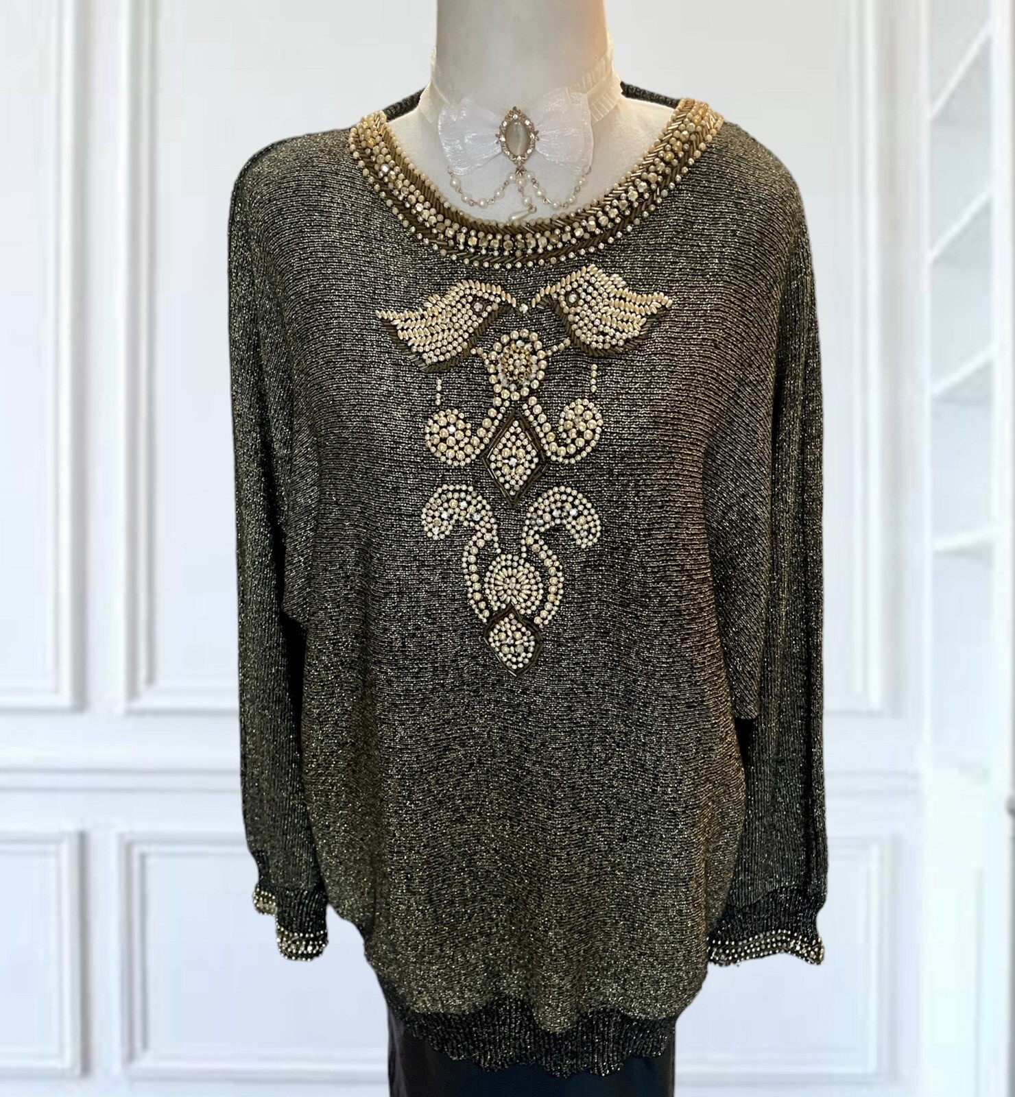 Vintage Sweater McBling Pearl Beads Glam Fairy Goth Evening Knitwear Gold Foil L