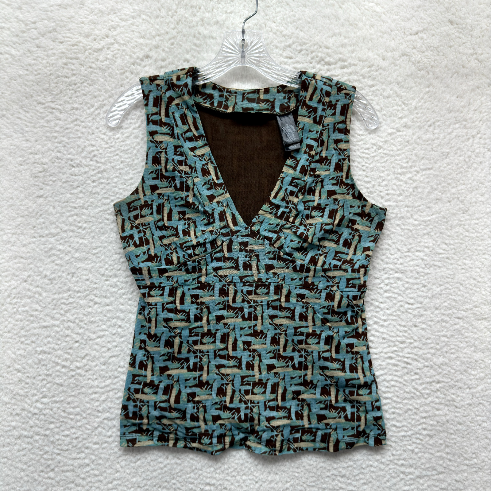 Y2K Vintage Mesh Top Medium Brown Blue Pattern Corpcore Office Corporate