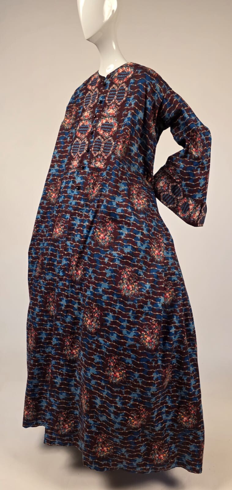 UNWORN CONDITION CIVIL WAR 1850’S FLORAL CHINTZ WRAPPER DRESS W PAGODA SLEEVES