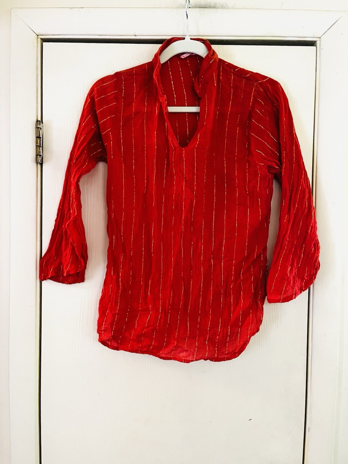 VTG 70s Indian Gauze Metallic Thread Cotton Hippie Festival Flare Sleeve Top Xs