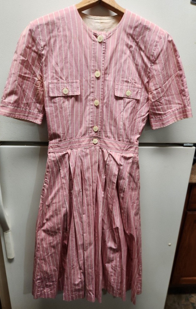 Vintage Cotton Pink and White Striped Dress or Uniform No Label