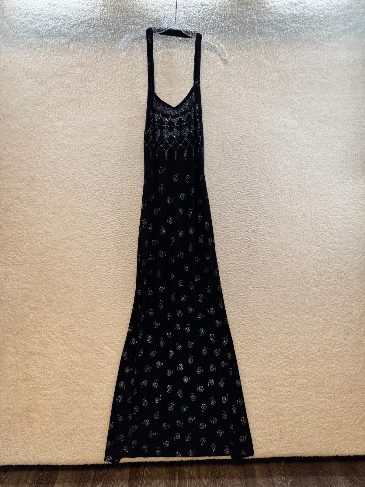 90s Vintage Halter Maxi Dress 5 6 Small Medium Black Stretch Glitter Sparkly