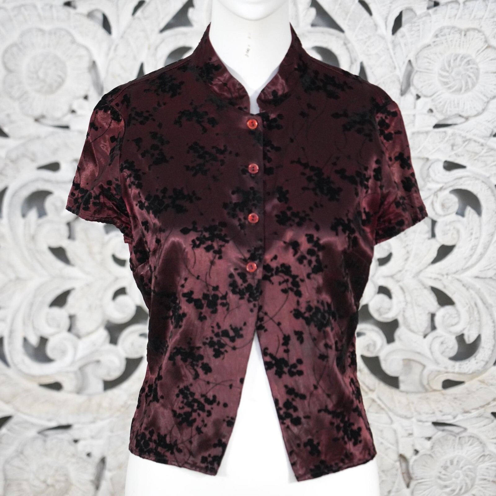 Vintage Jay Jacobs Blouse Women’s L – Burgundy Satin Black Velvet Branch Top USA