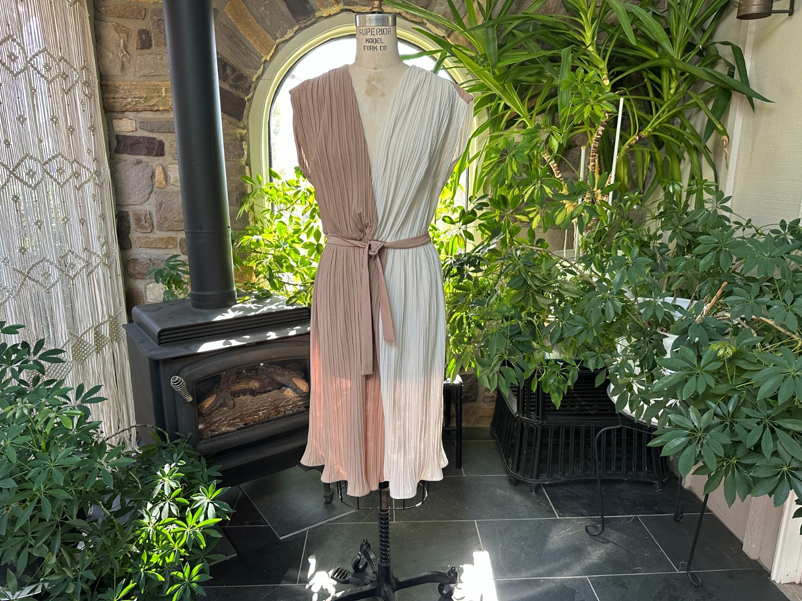 Vintage 1970s Ivory and Beige Crystal Pleated Color Blocked Dress