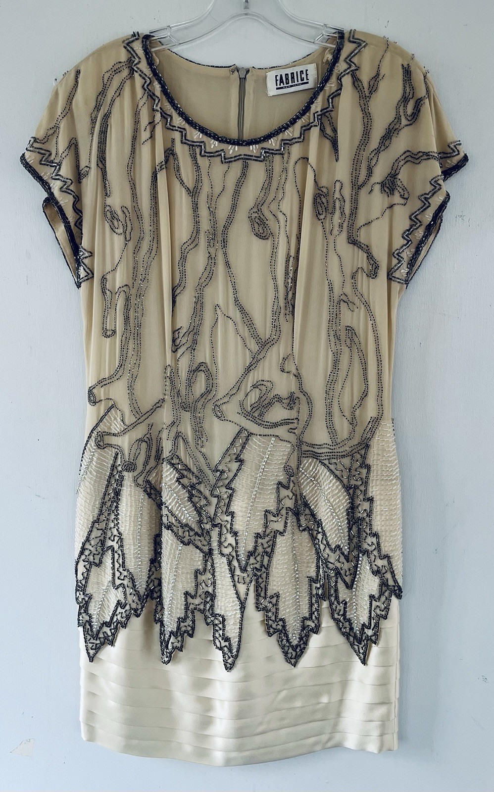 Vintage Fabrice Simon 1980s Beaded Handmade Silk Dress w/ Leaf Motif Over Skirt