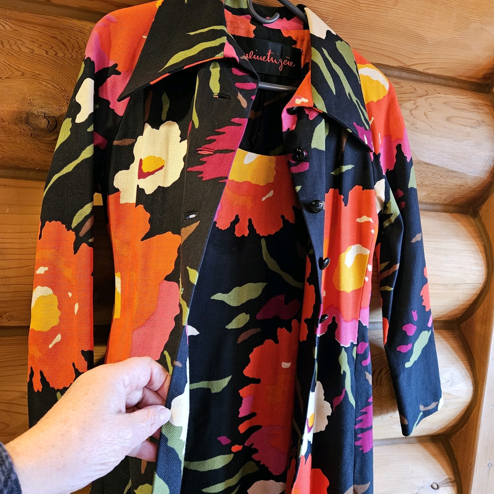 VINTAGE PAULINE TRIGERE MATCHING JACKET AND DRESS BLACK BRIGHT FLORAL SIZE 12