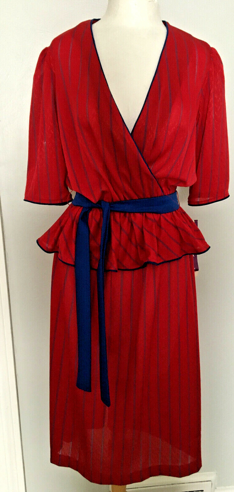 Vintage Womens Another Goody Red & Blue Striped Peplum Dress Size 10 NWT