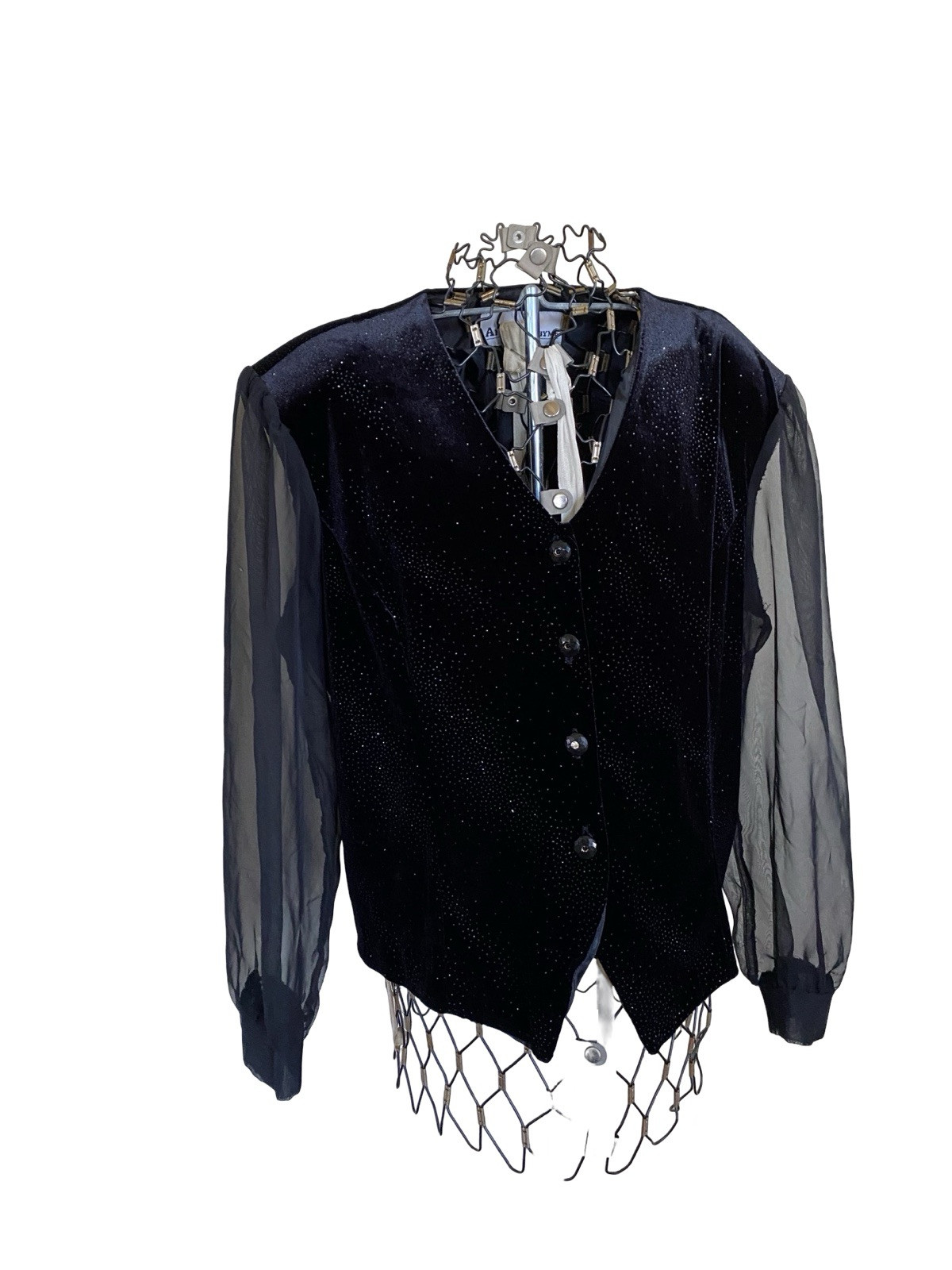 Another Thyme Women’s Black Vintage Velvet Sheer Sleeve Satiny Blouse Goth