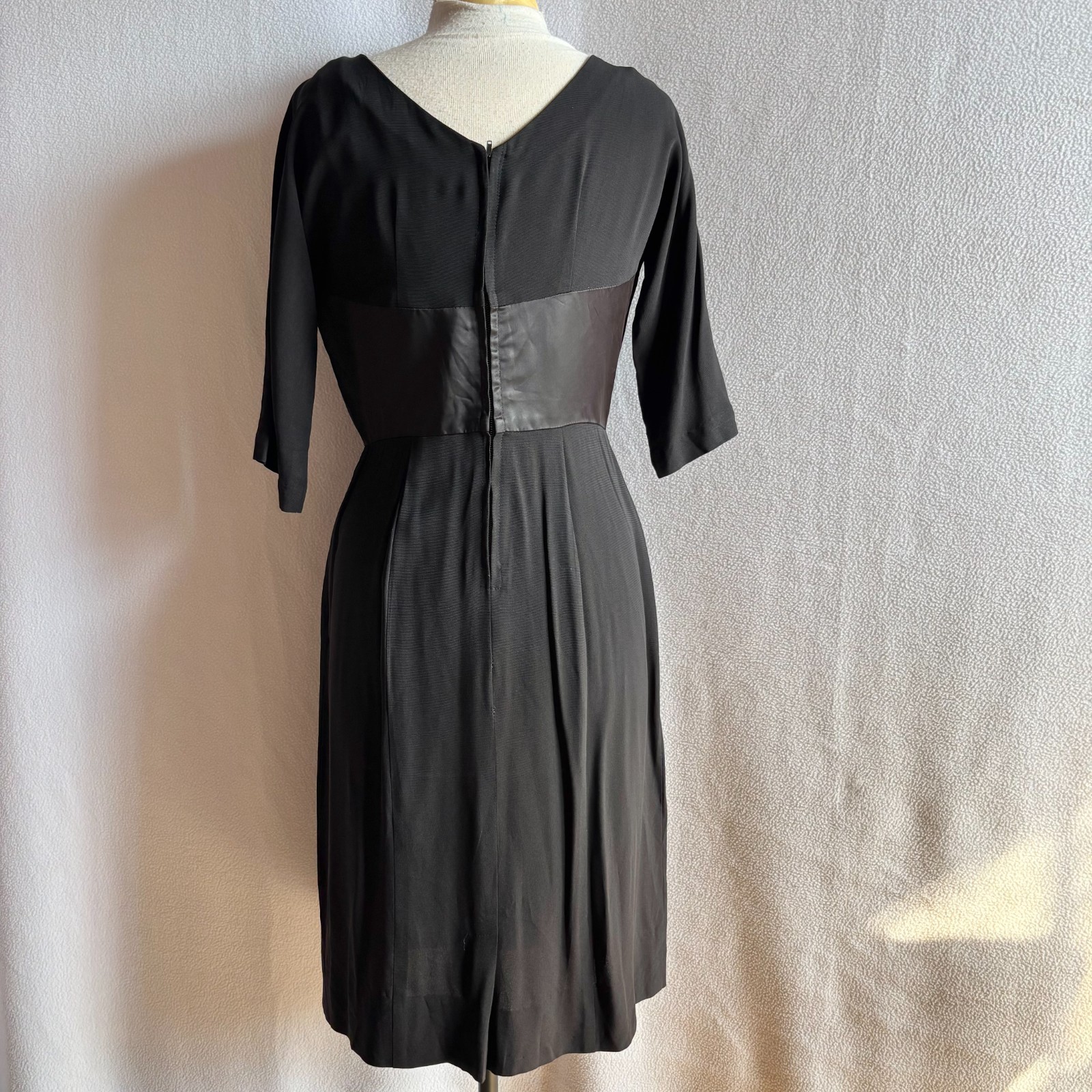 Vintage 1950s Lora Lenox Little Black Sheath Dress LBD with Satin Flower