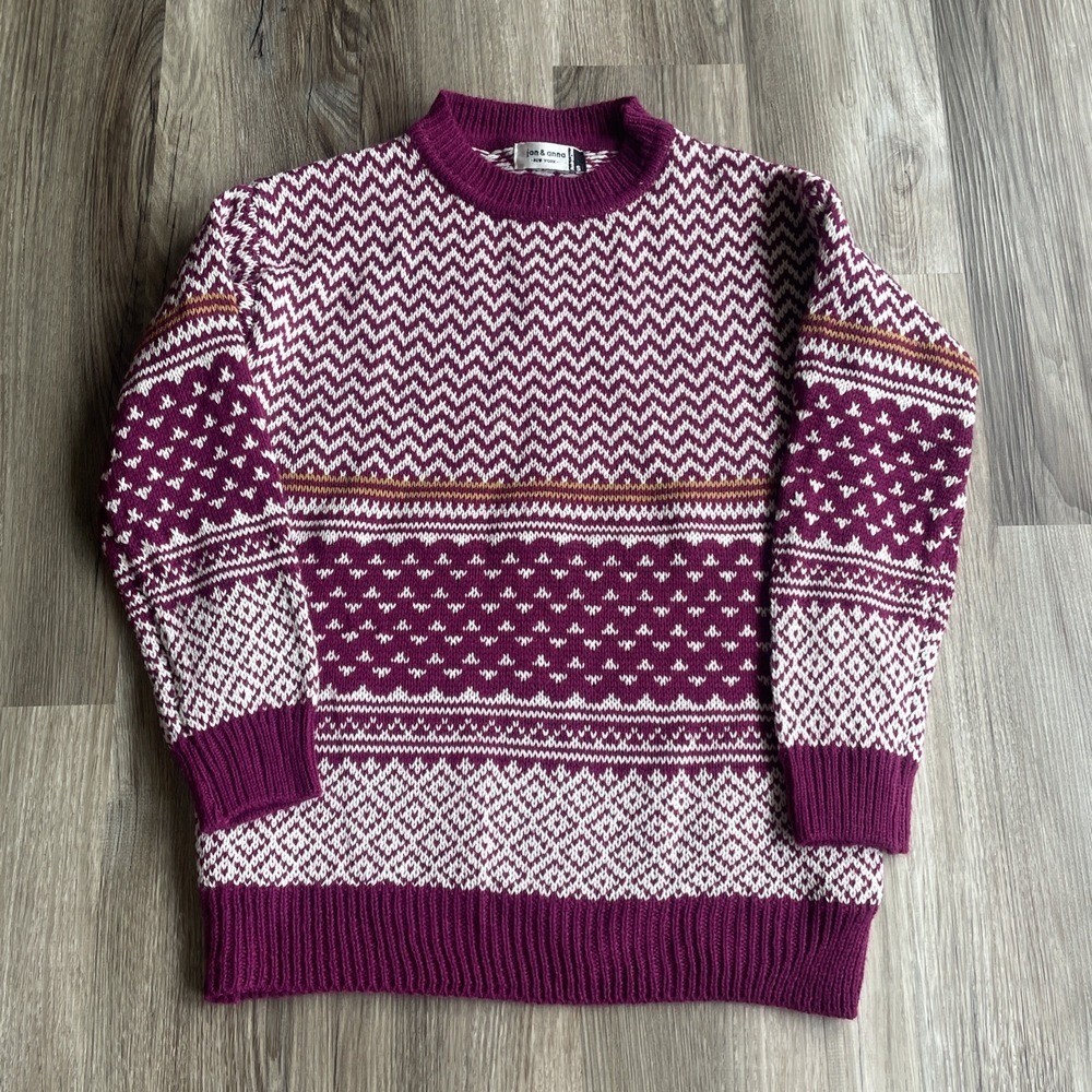 Vintage Jon & Anna ZIG ZAG Burgundy Womens S Fair Isle Knit Sweater Lightweight