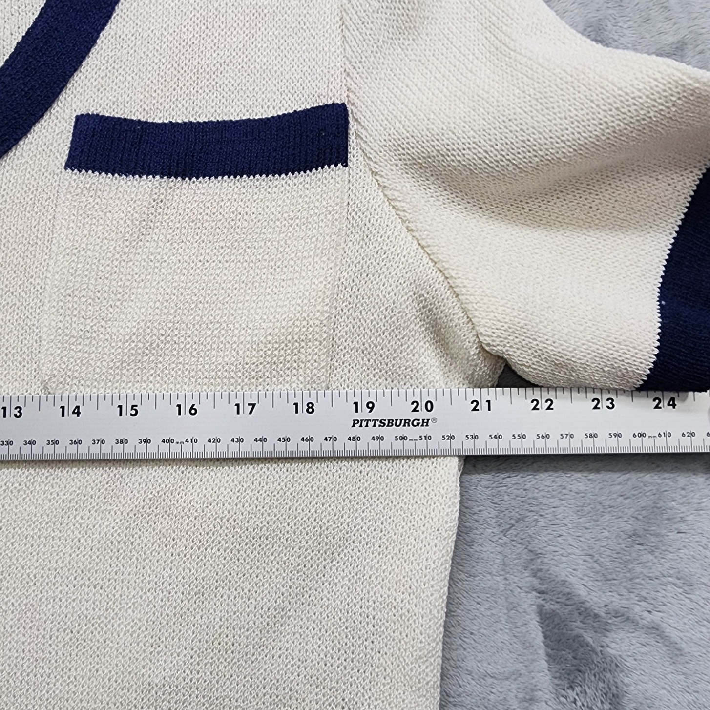 Vintage Castleberry I.Magnin Sweater Womens 16 Cream Blue V-Neck Short Sleeve