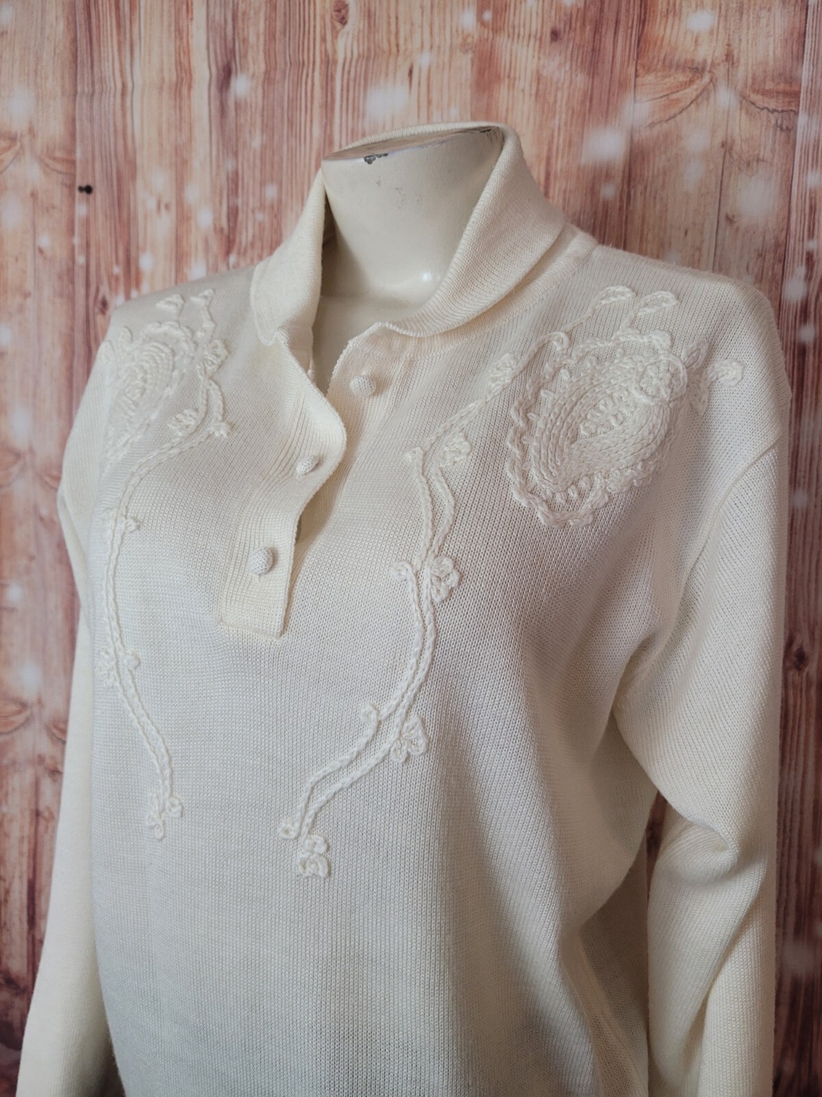 Tanjay Vintage Hand Embroidered Sweater Women’s Medium Cream Wool Blend Cardigan