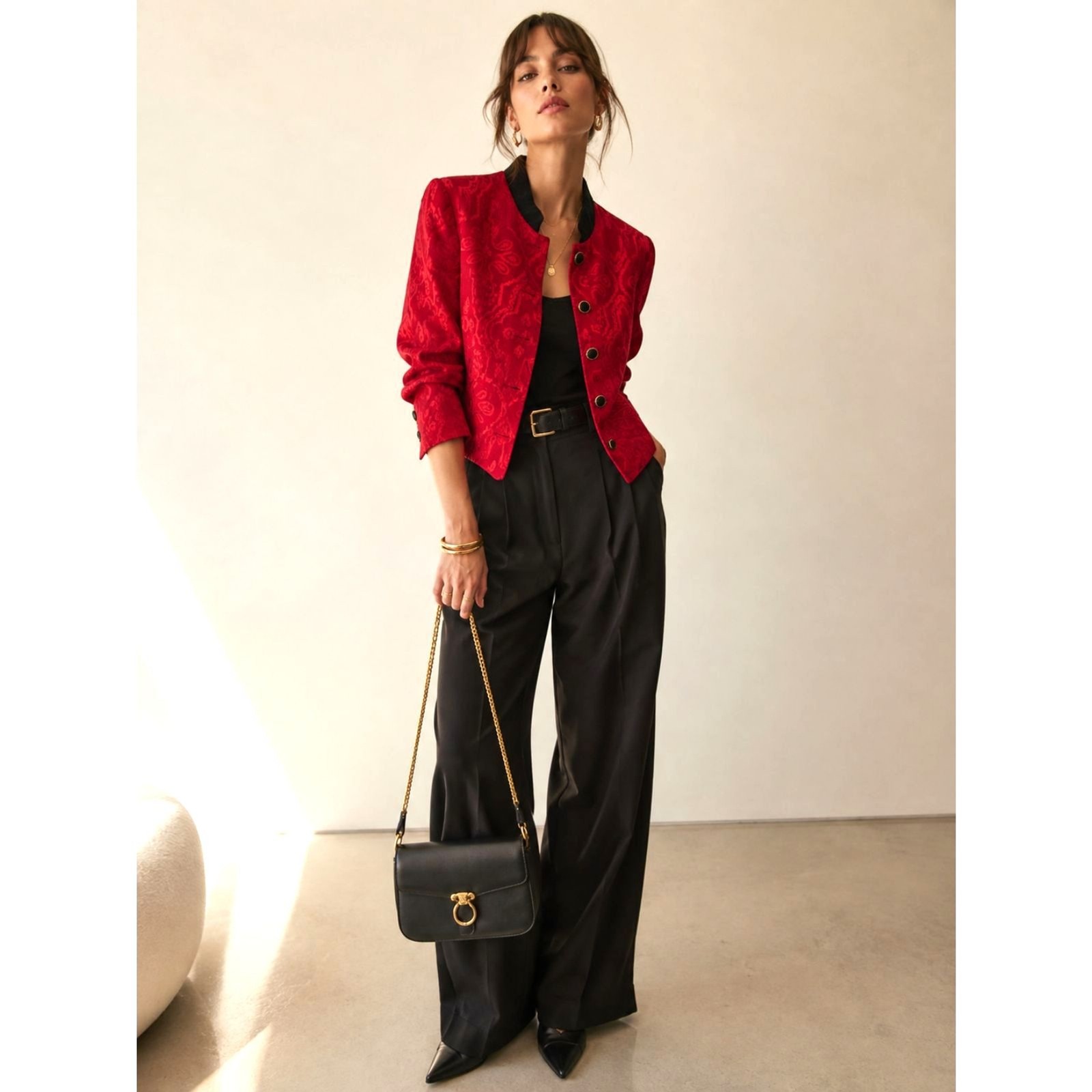 Vintage Jessica Howard Petite 8 Red Jacquard Velvet Collar Cropped Jacket