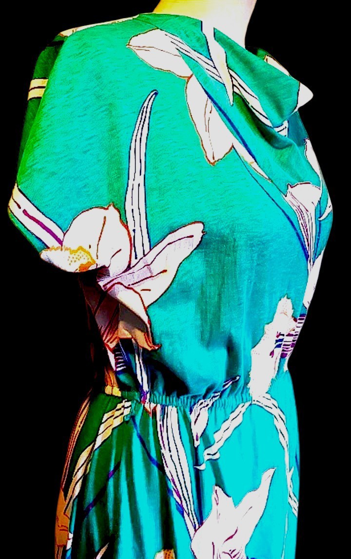 VTG 70s Soft Jersey Semi Fitted Bright Florals Midi Beach, Poolside Dress S