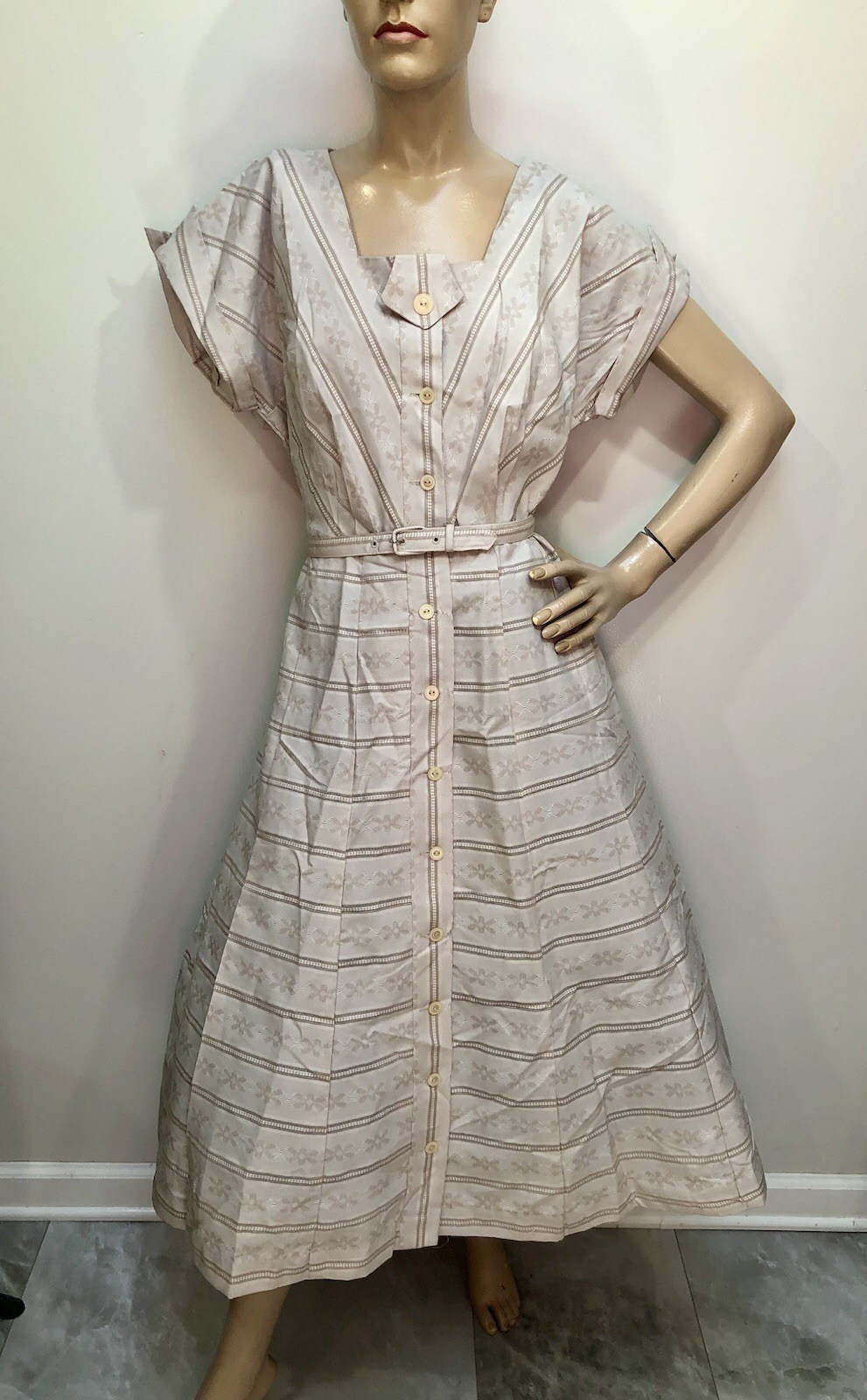 VTG 1950s DEADSTOCK wo/Tags Taupe JACQUARD SHIRTWAIST DRESS „Nadine Original”