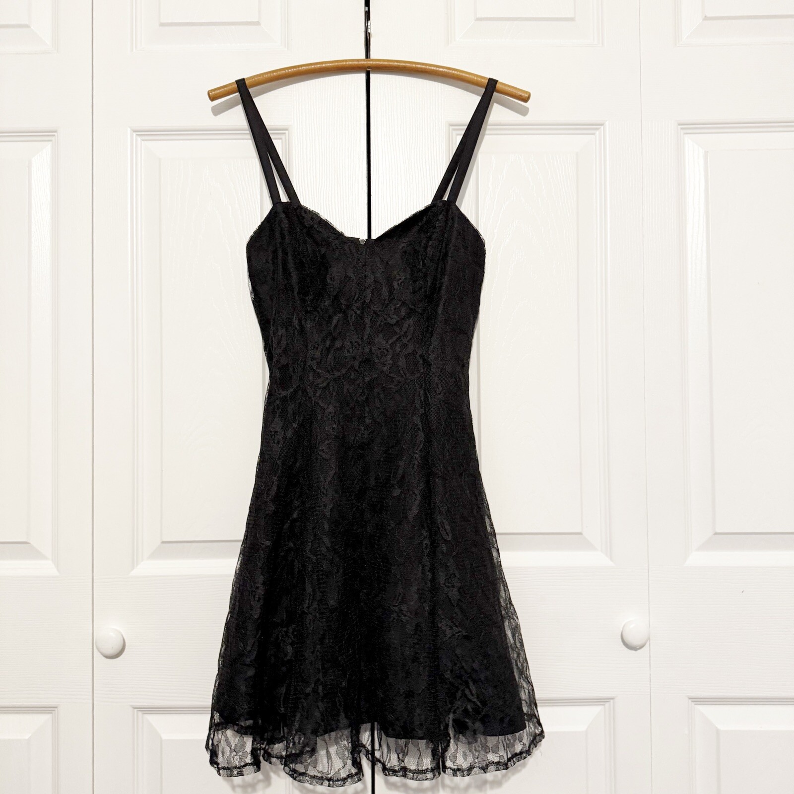 Vintage 80s Mayvens of CA Black Lace Mini Dress Size 3 Cocktail Goth Fit & Flare
