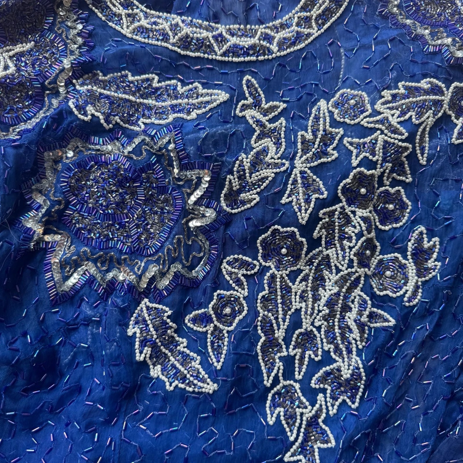 Vintage 100% Silk Beaded Evening Dress Gown Long Sleeve Royal Blue
