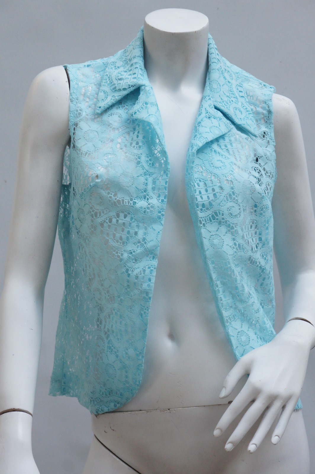 vintage 60s-70s Turquoise Open Lace Blouse Vest Boho Cottagecore Retro