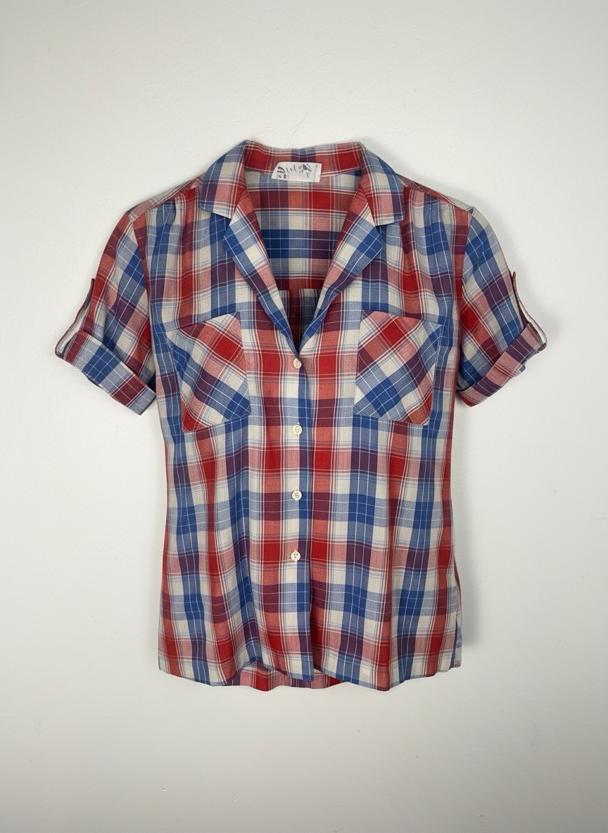 Vintage 70’s Patriotic Plaid Red White & Blue Button Top. Sm/Med Americana