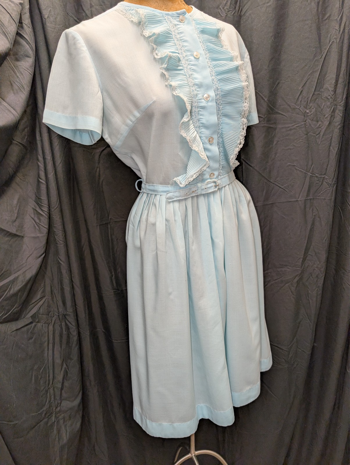 1960s 70s Blue Cotton Blend Lace Trim Dress by NPC Fashions M