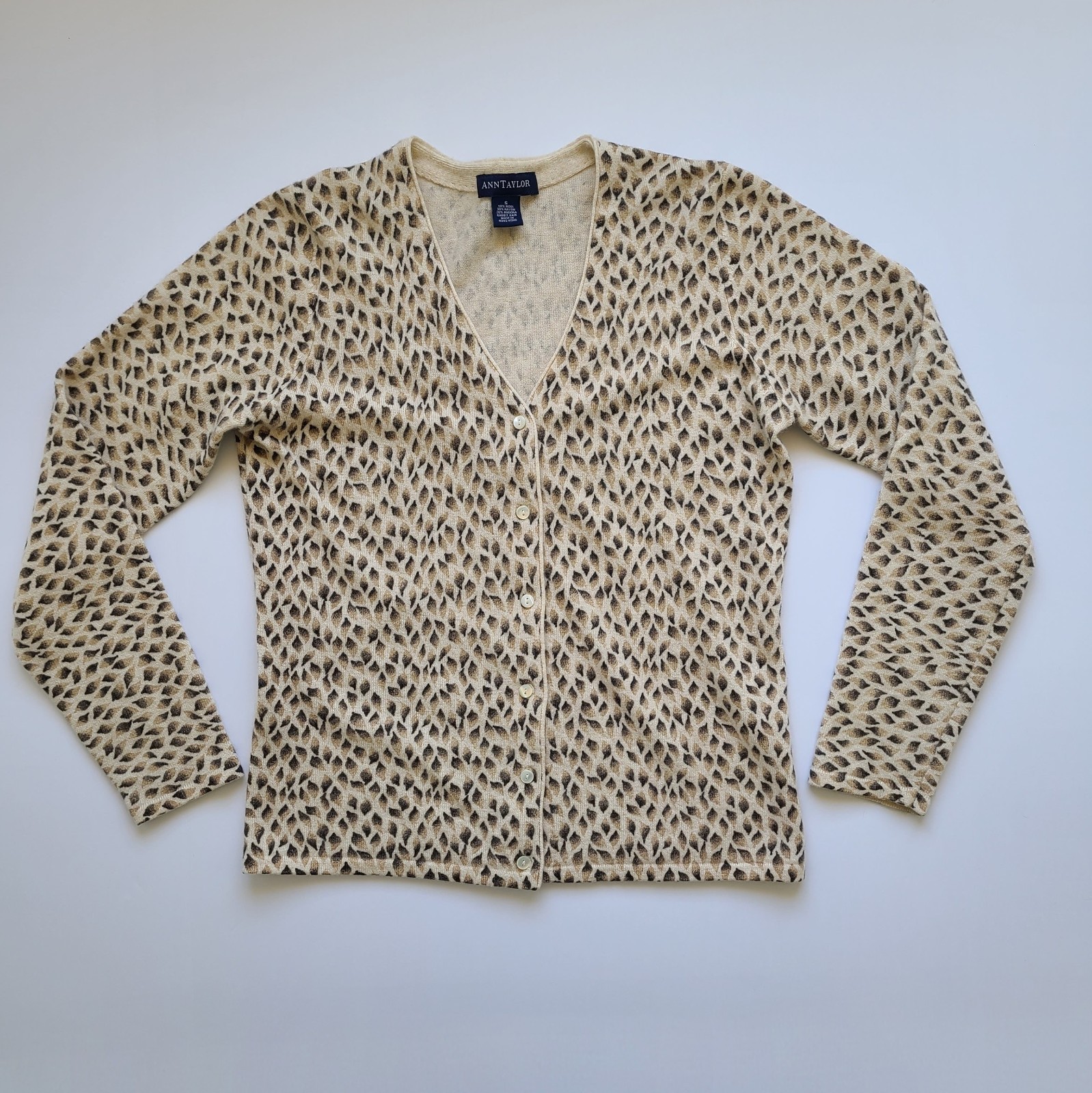 Vintage 2000s Ann Taylor Cardigan Sweater S Wool Angora Blue Label Beige Print
