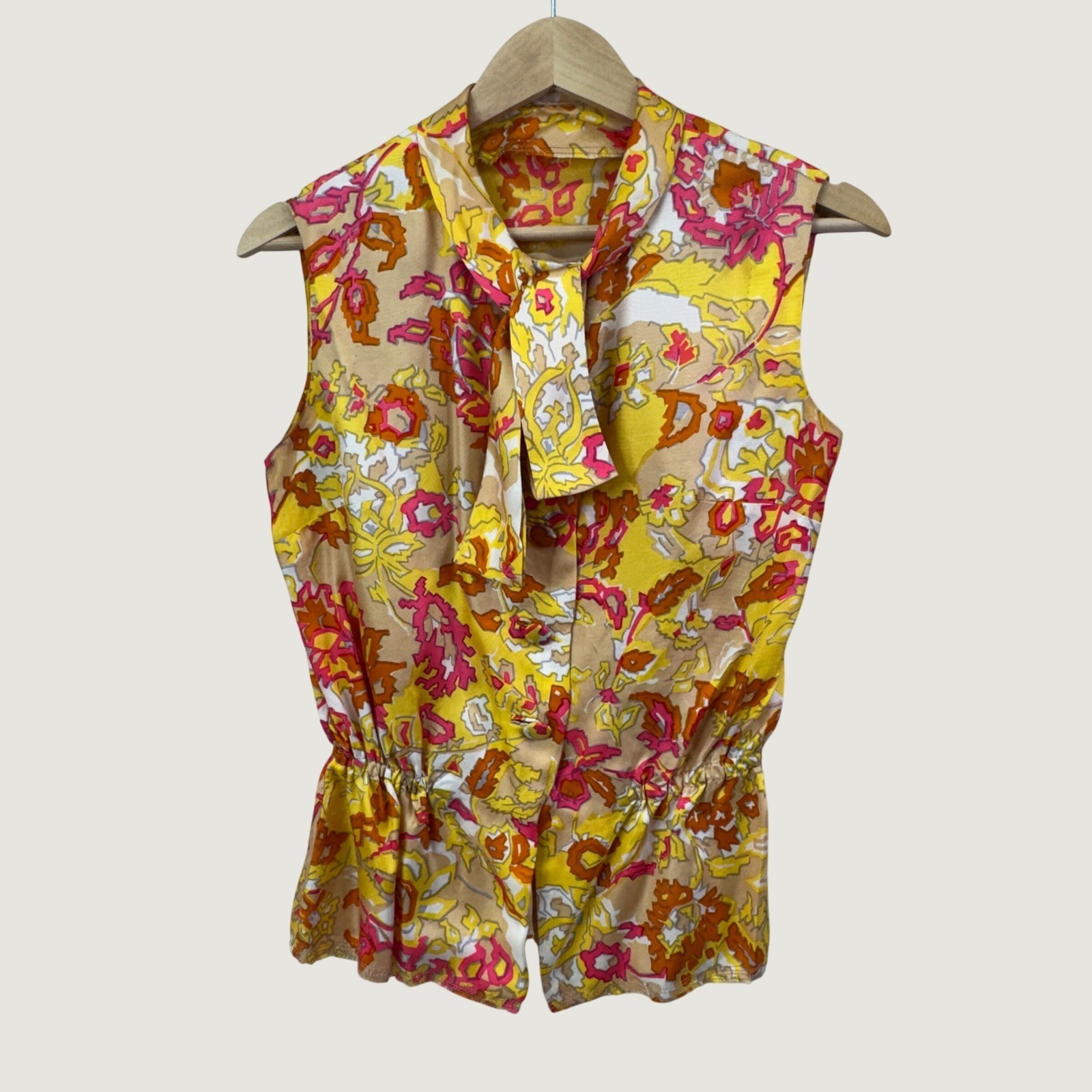 Sleeveless Bow Tie Blouse Yellow Floral Psychedelic Retro OOAF Womens S