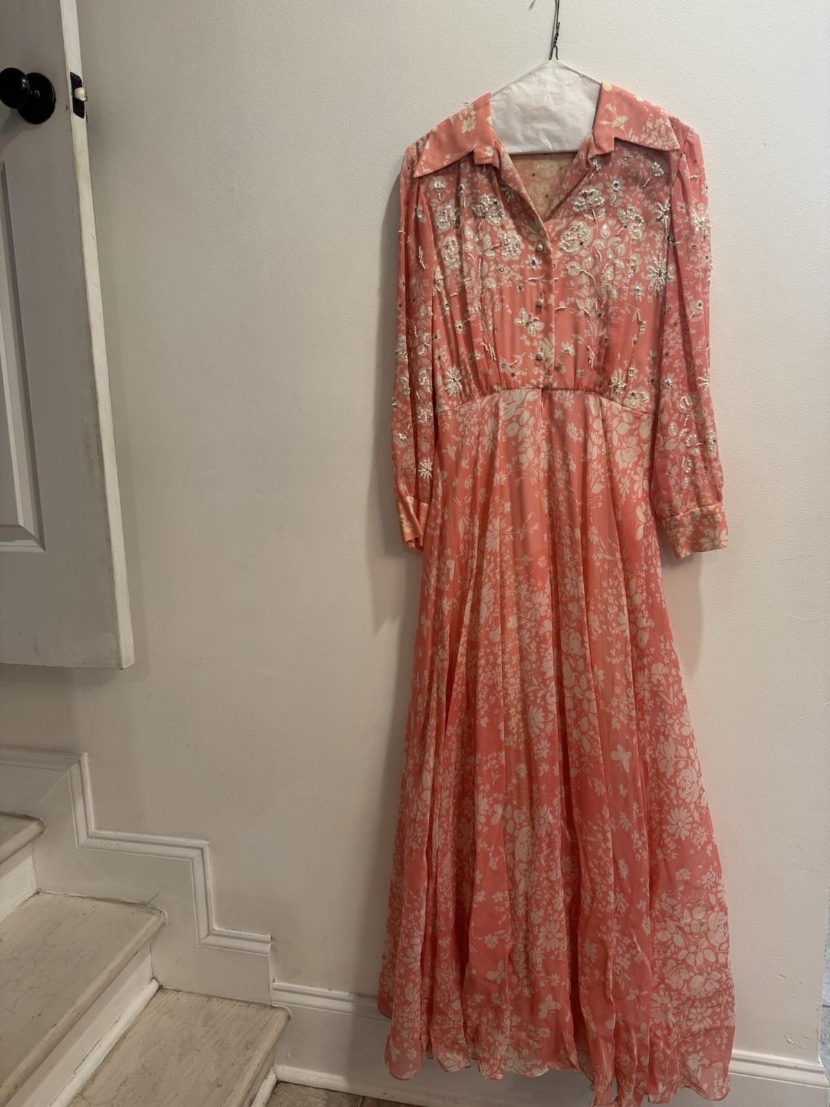 VTG 1970s Pink White Floral Shirtwaist Maxi Dress MCM Country Cottage Core Glam