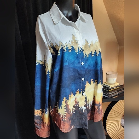 VINTAGE 70s SUNSET FOREST PRINT BUTTON FRONT BLOUSE MEDIUM