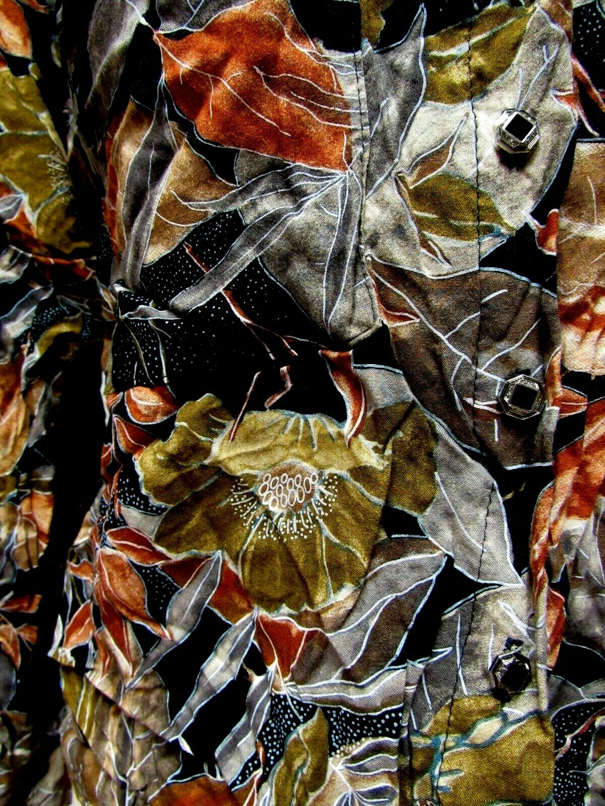 VTG OUTBACK RED Blouse Top Enamel Buttons Floral Black Tobacco Taupe Brown M EU