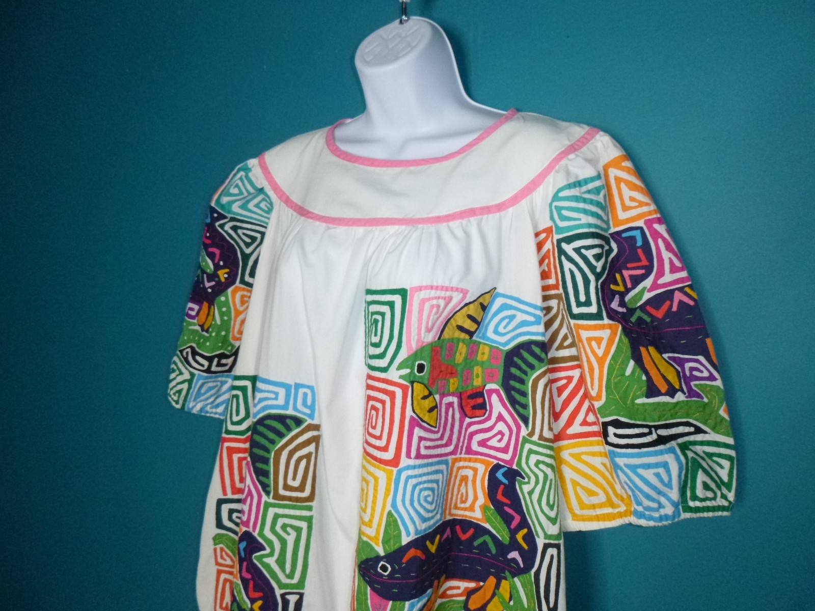 Vtg 70s Seds Crafts Mola Panama Reverse Applique Dress Fish Geckos One Size