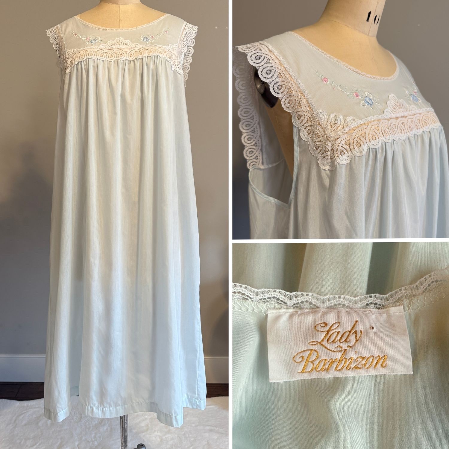 Lady Barbizon Nightgown Womens Vintage Pastel Blue Sleeveless Cottagecore 70’s