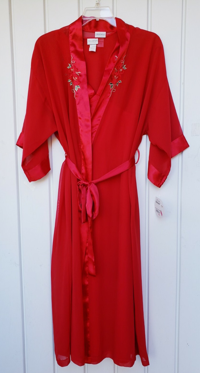 Vintage JCPenney Delicates Red Satin Floral Robe Set Size Medium NEW Fem