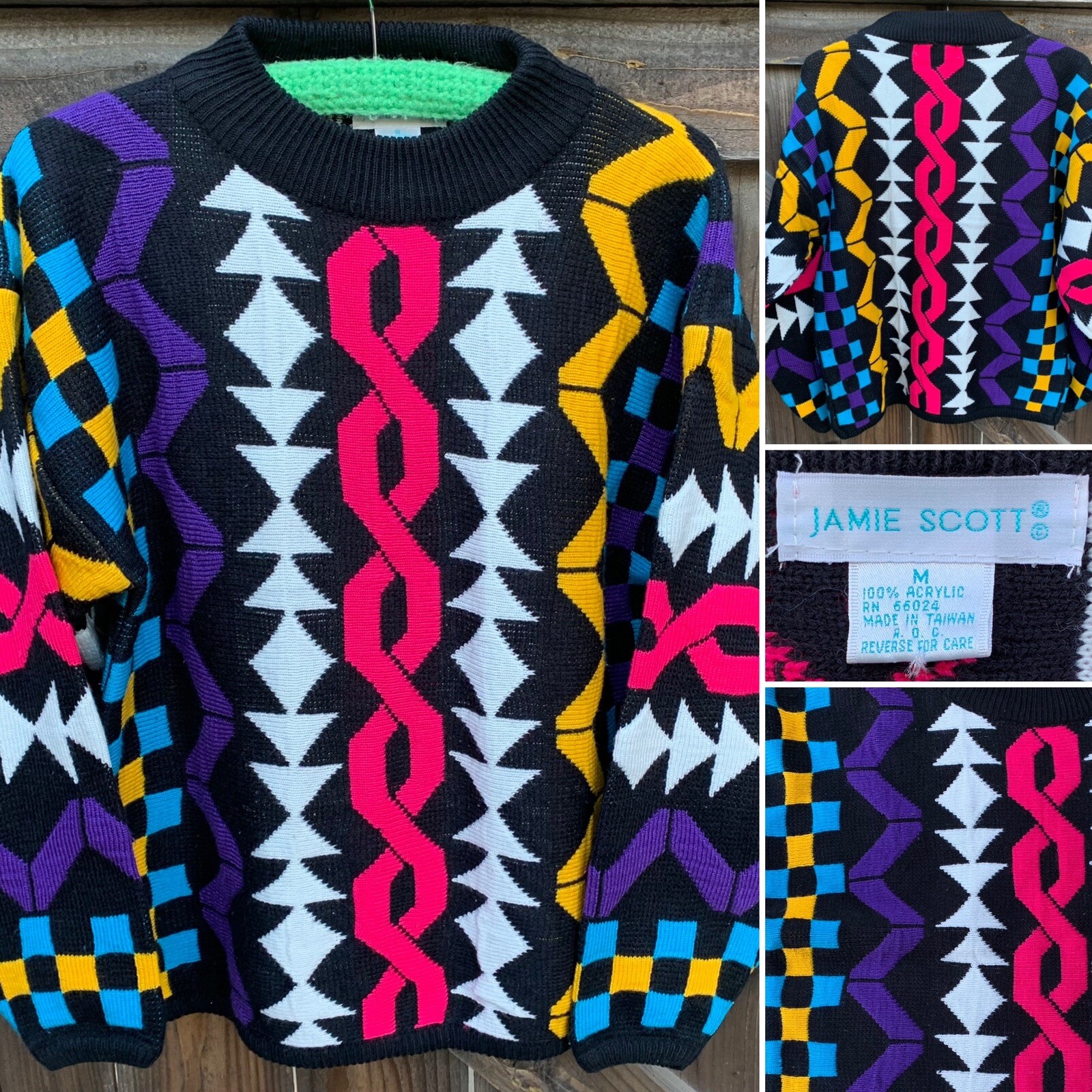 vintage multi-color colorful geometric sweater 1980s 80s Jamie Scott size M