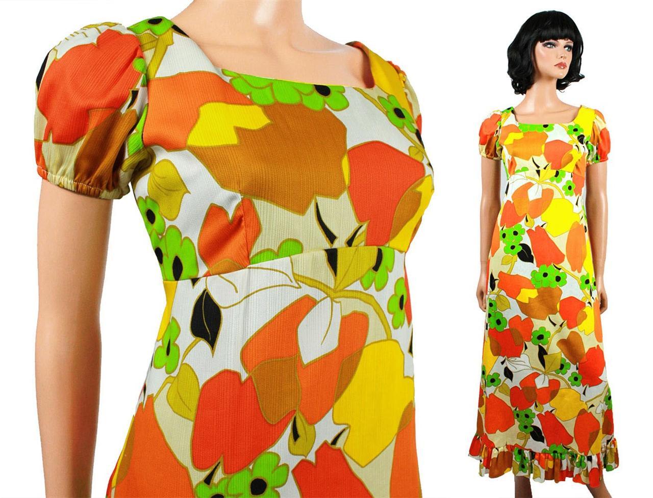 Hawaiian Sun Dress Sz S Vintage 70s Long Cotton Floral Orange Yellow White Bold