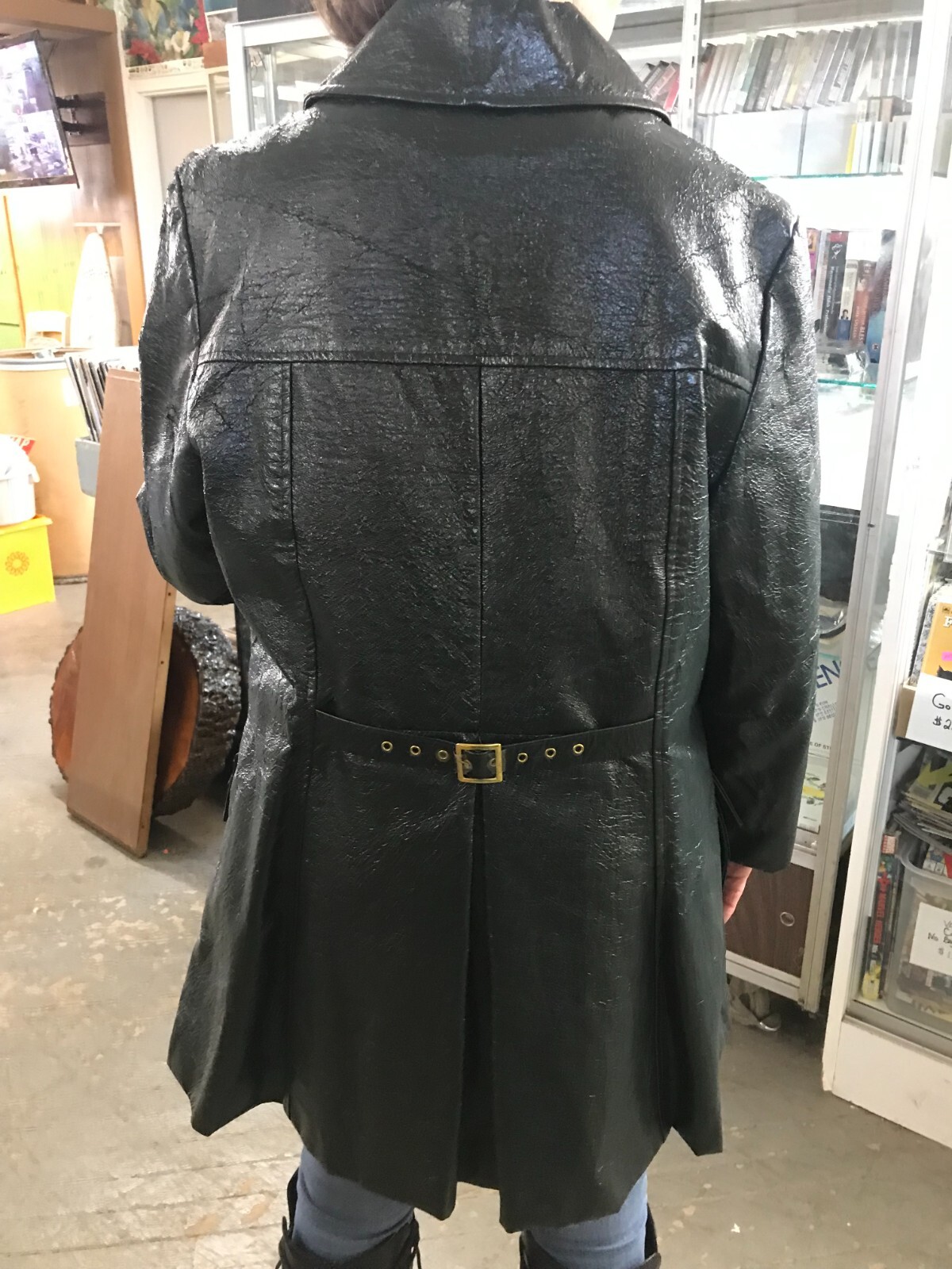 Vtg Swingles by Character MCM 70s Hippie Black Crinkle Pleather Jacket Coat Med