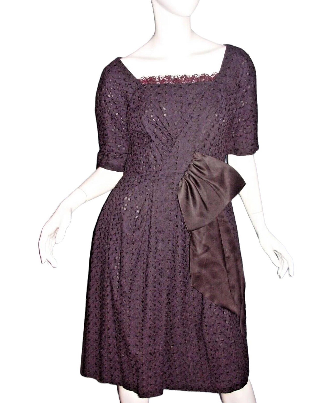 Dress M Vtg 50s Black EYELET Ruffle LACE GIANT BOW Rockabilly GOTHIC PINUP Siren