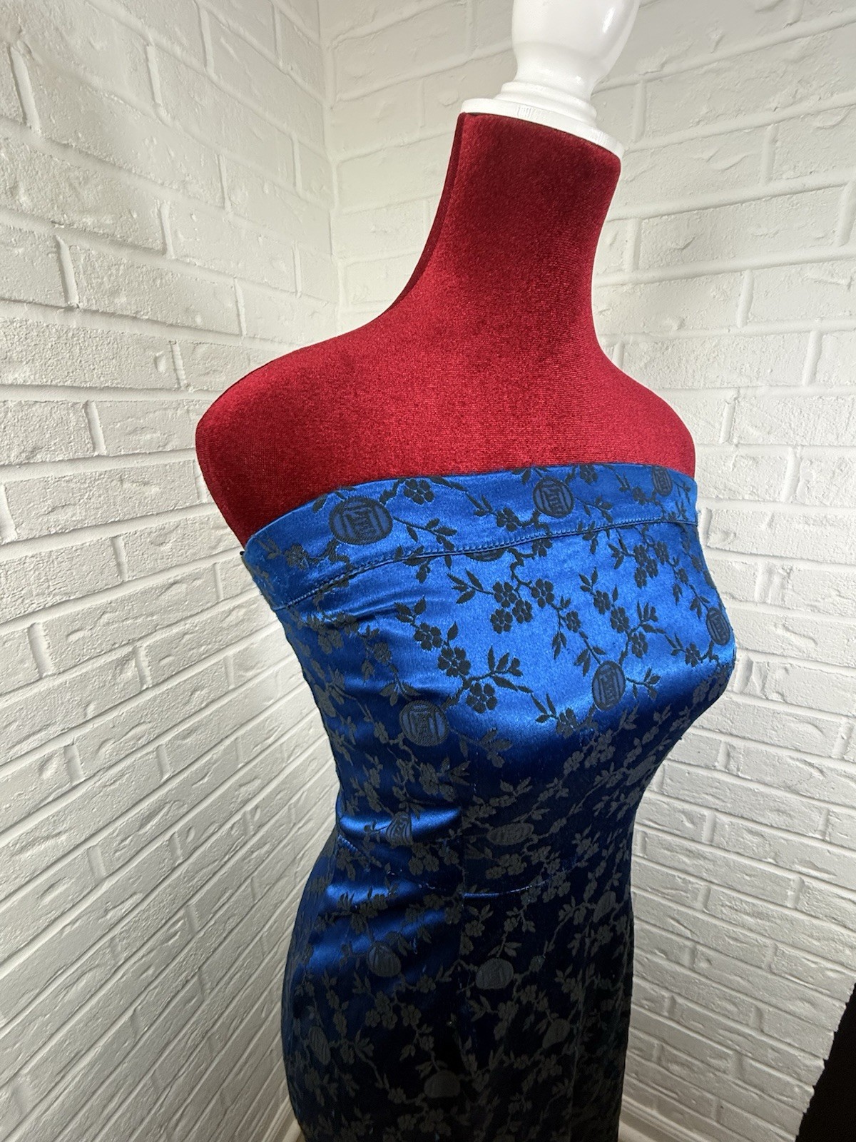 Vintage 90s L.A. Glo S Blue Black Floral Brocade Strapless Maxi Dress USA