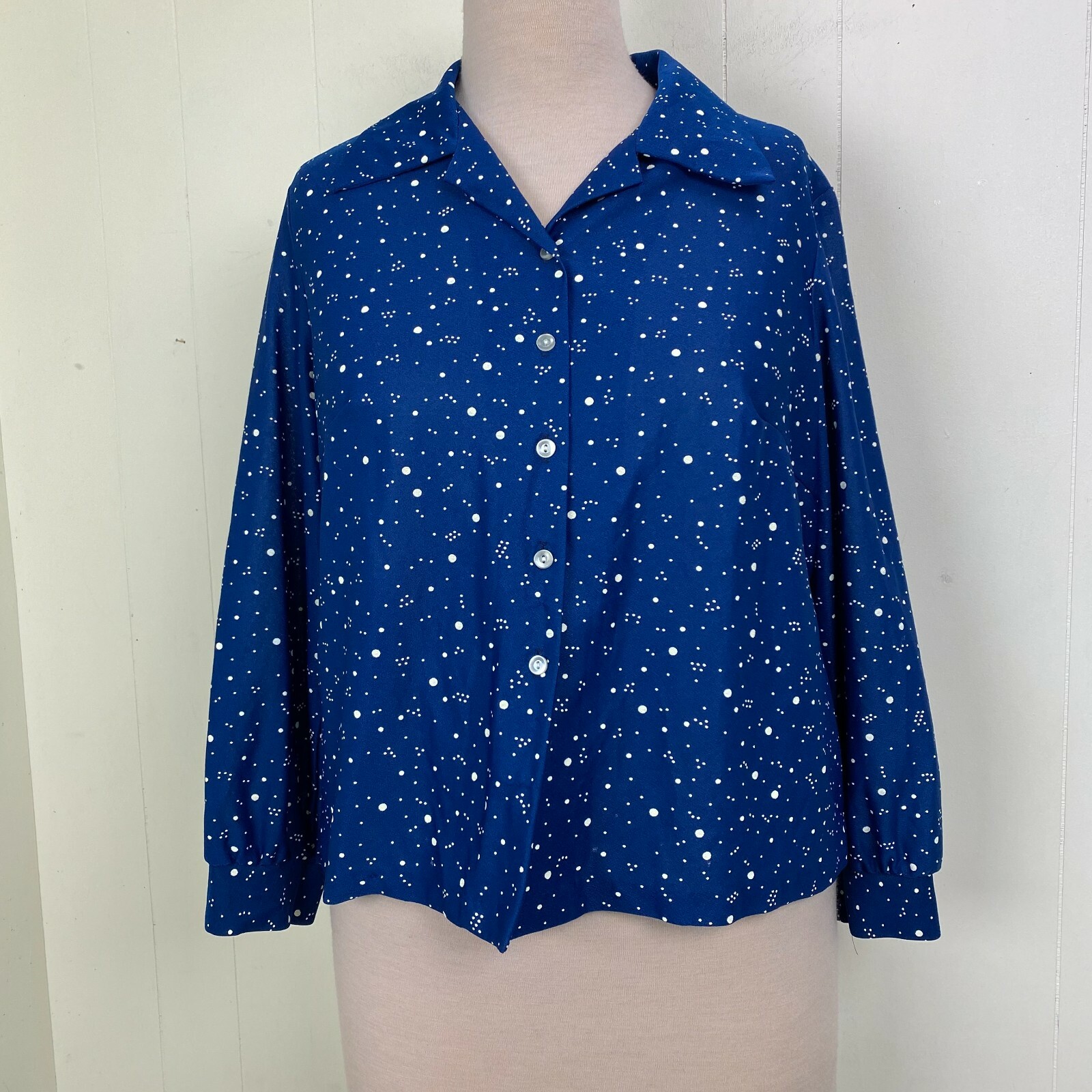 Vintage 70s Polyester Royal Blue & White Polka Dot Button Down Shirt