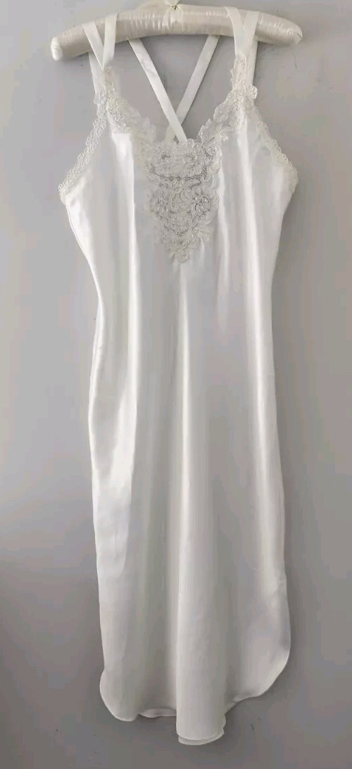 Vtg Intimo Amore Bridal White Satin Embellished Pearl Slip Dress Nightgown! S