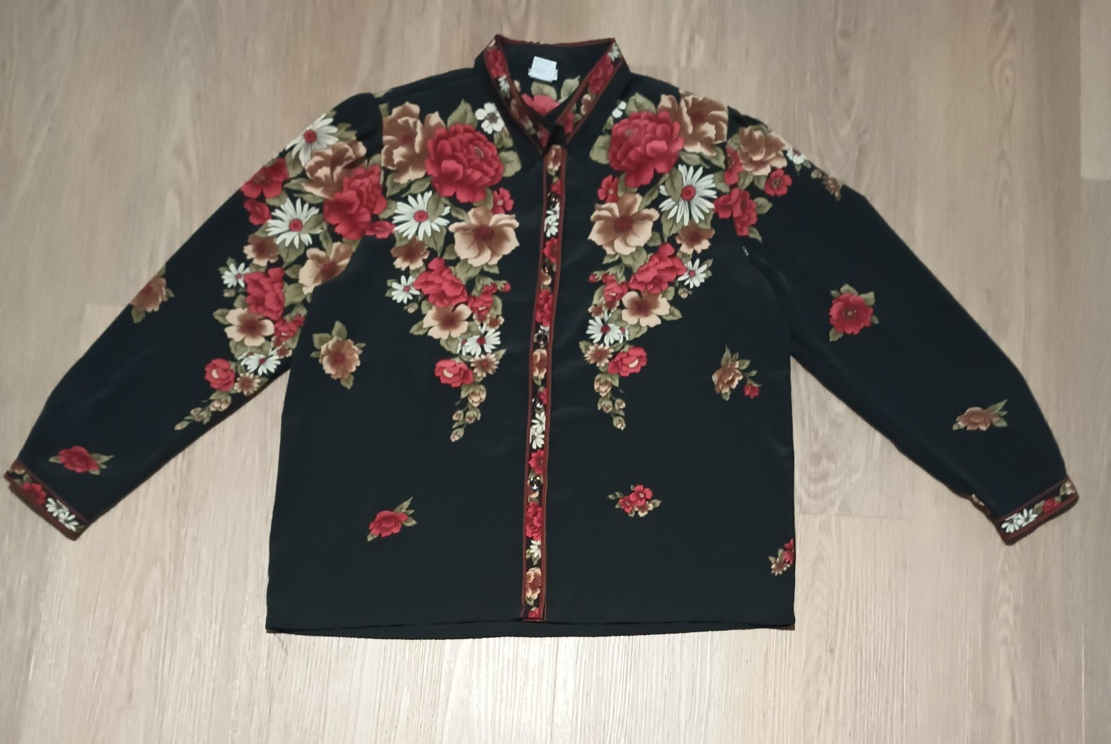 Vtg 80s Floral Bouquet Draped Button Up Blouse Top kitsch baroque M