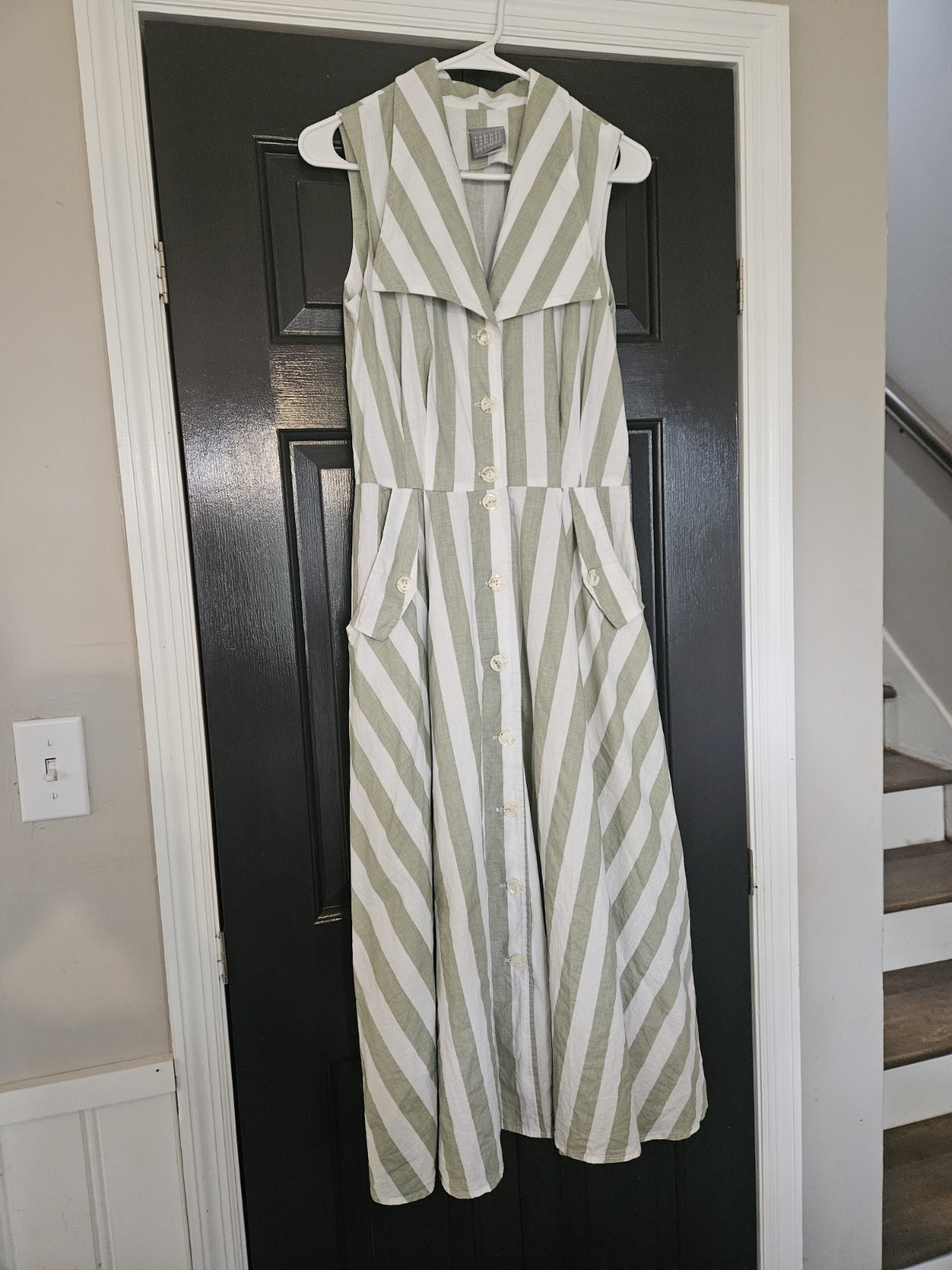 Vintage Rabbit Designs Striped 100% Cotton Green And White Collared Dress Sz 10
