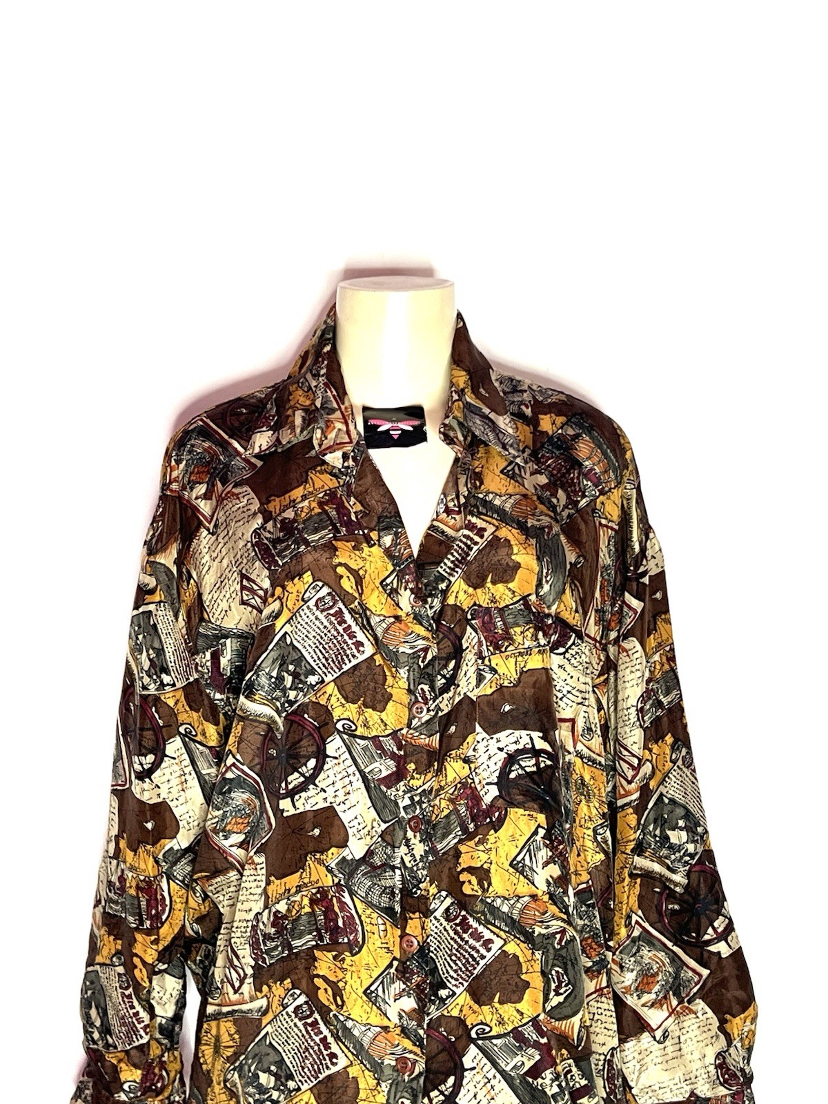 VINTAGE JACK MULQUEEN BROWN MULTI COLOR PRINT 100% SILK BLOUSE SIZE MED