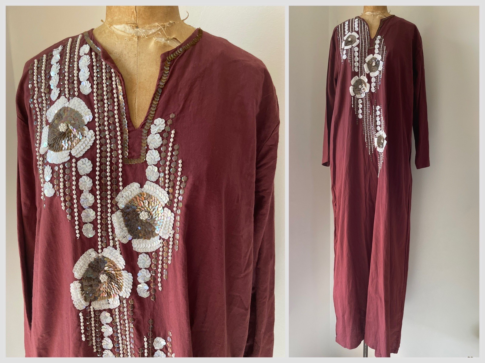Vintage 1970’s Made In India Soft Cotton Maxi Dress Sequins & Pearls Boho L/XL