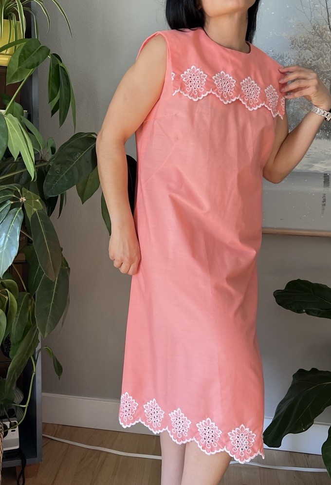 vintage 60s orange white embroidered sailor collar sheer mod midi dress medium