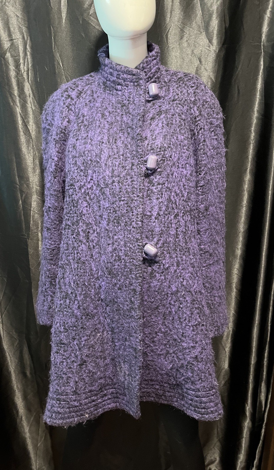 VTG Pauline Trigere swing/ trapeze style Dress Coat Wool purple Black Sz 10