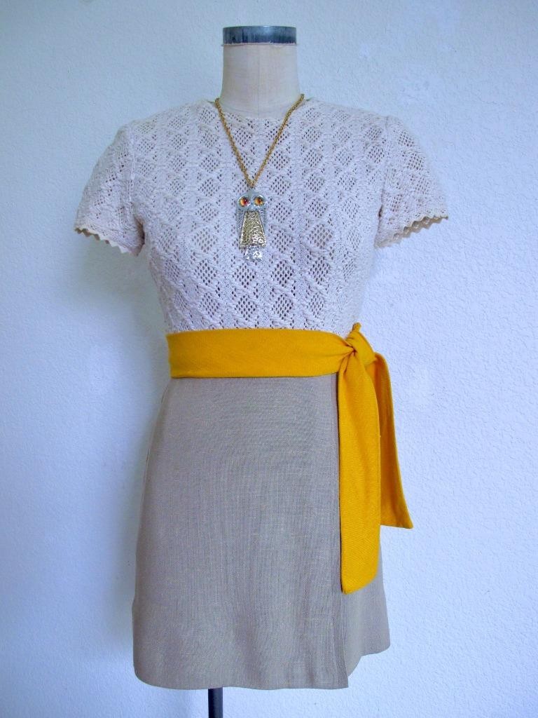Vtg 60s Lanz Mod Mini Dress XXS Ivory Crochet Top Tan Skirt Orange Sash Autumn