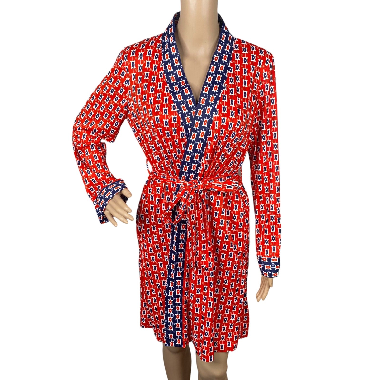 Vtg 70s Dorian Leo Narducci Red Blue Geometric Mod Wrap Dress Women’s M