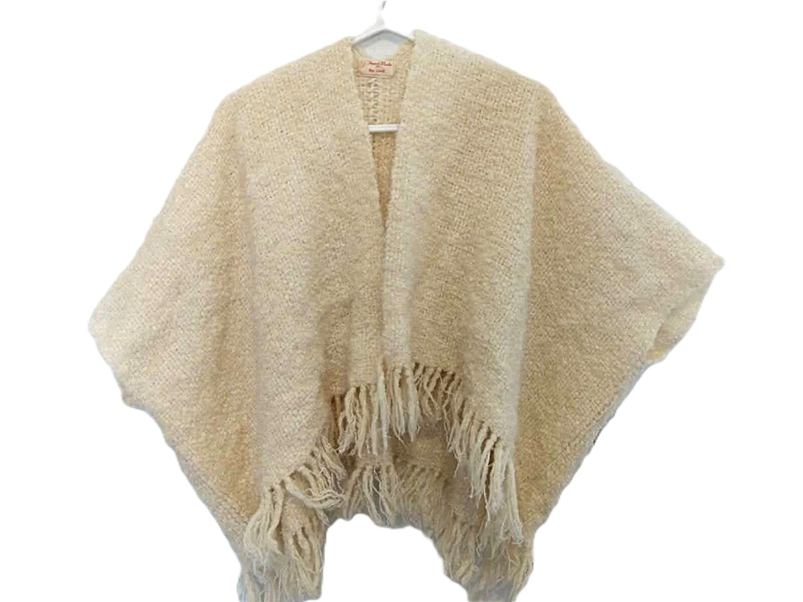Vintage Handwoven Wool Shawl Fringe Wrap Poncho Cape Handmade by Bea Arnold