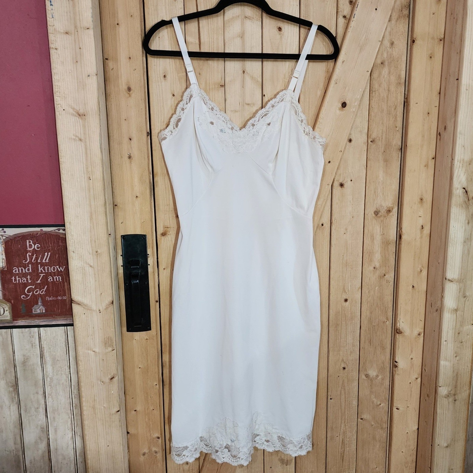 Shadowline Vintage Lace Trim Full Slip Dress 36 Tall Nylon Made in USA