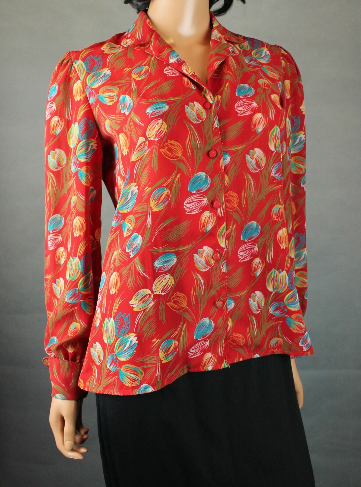 Vintage 80s Blouse 6 S Red Blue Floral Semi Sheer Crepe Long Sleeve Dress Shirt
